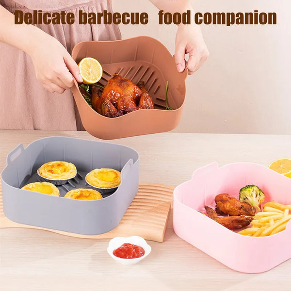 21cm Silicone Air Fryers Oven Baking Tray Pizza Fried Chicken Airfryer Reusable Basket Mat Non-Stick Square Air Fryer Pan